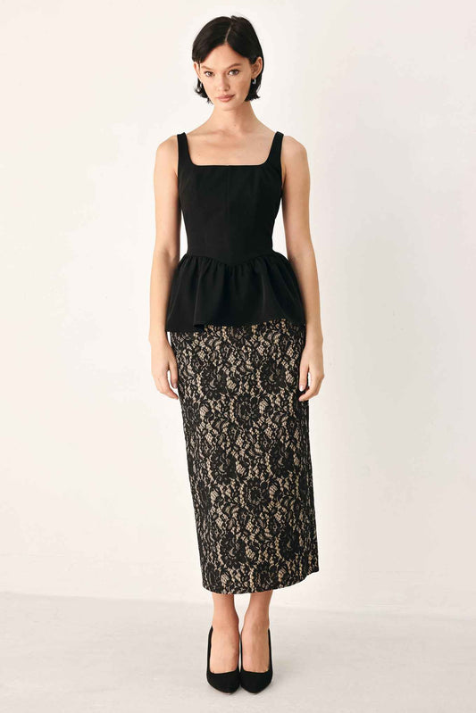 LACE THEORY BLACK LACE PENCIL MIDI SKIRT