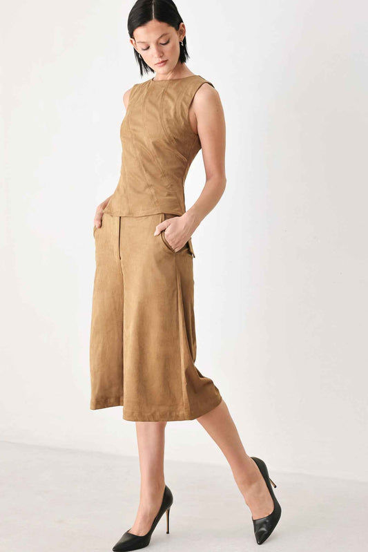 DESERT MOD CAMEL FAUX SUEDE SLEEVELESS TOP