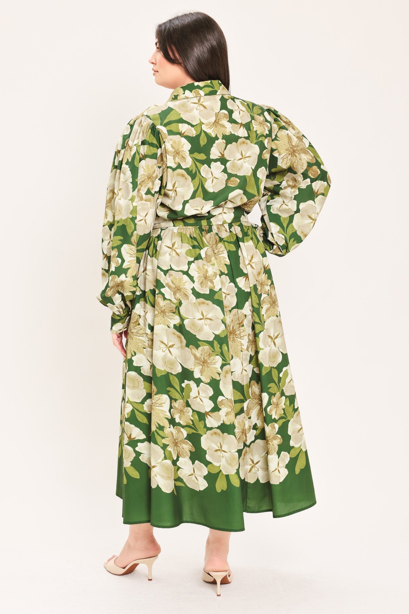 EVERGREEN CAMELLIA DREAM WOVEN MIDI SHIRT DRESS