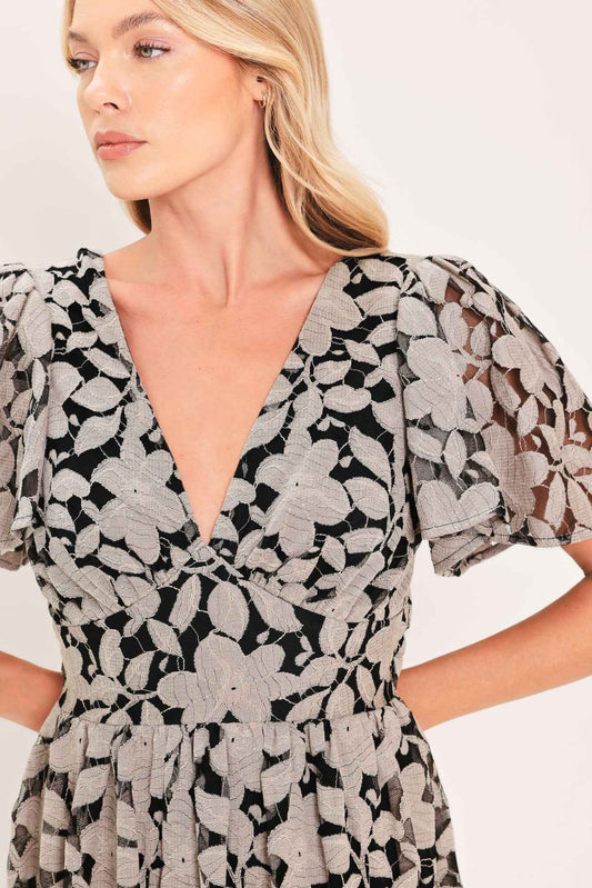 ASHEN FLORAL MAJESTY WOVEN LACE MIDI DRESS