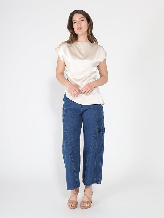 Gracia Fashion Women's Asymmetrical side pleats short sleeve top