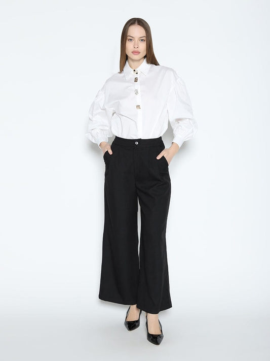 Gracia Fashion Women's Long Puff Sleeve Button Detail Cotton Shirt