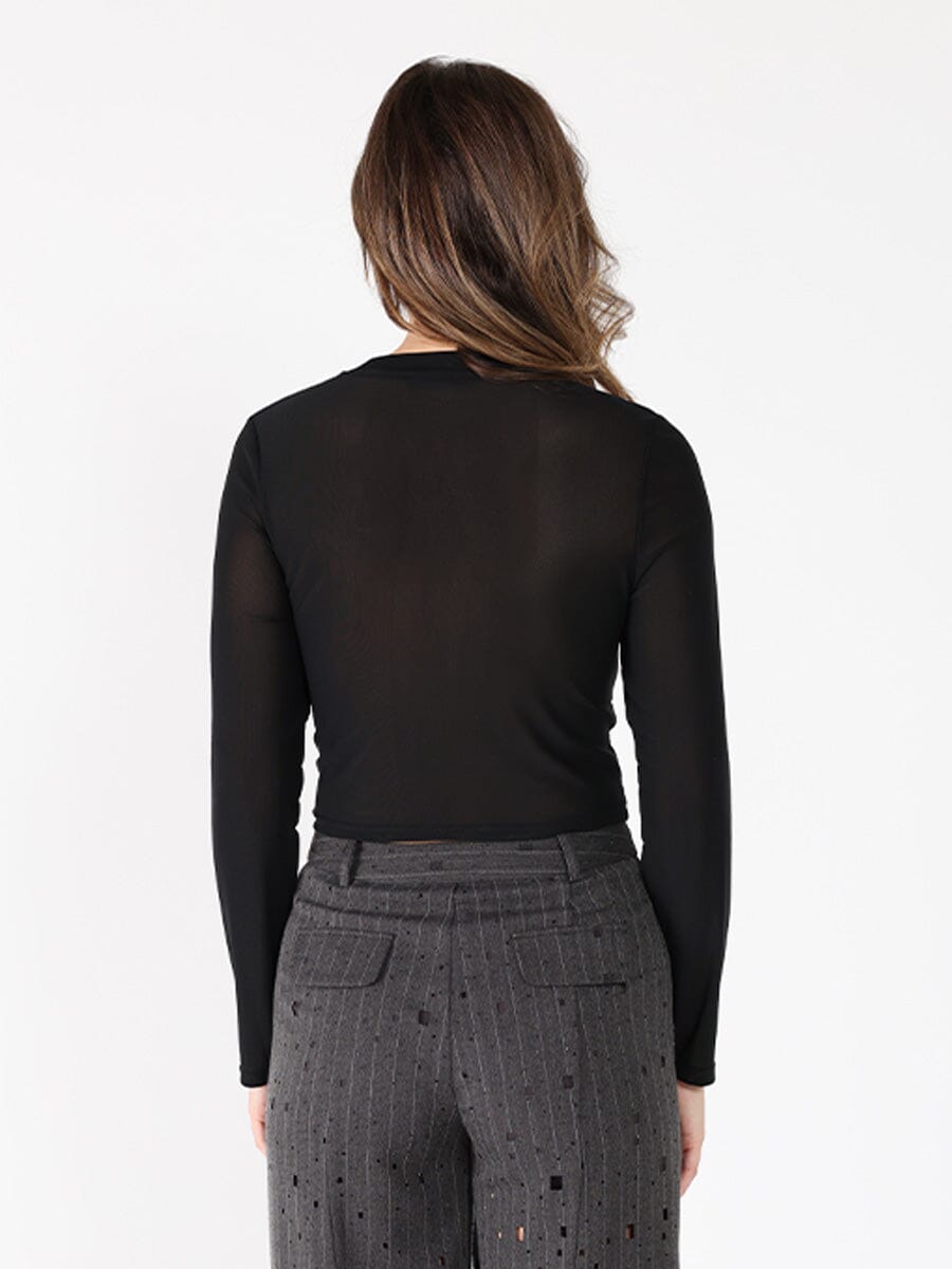 Long Sleeve Round Neck Leather Detailed Top