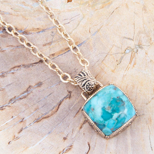 Carved Blue Turquoise Stone Golden Pendant Necklace