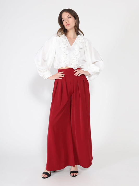 Gracia Fashion Women's V-Neck Long Sleeve Ruffle Detailed Crop Top