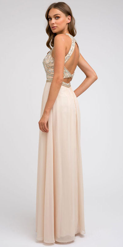 Juliet 609 A Line Chiffon Floor Length Gown Cut Out Back
