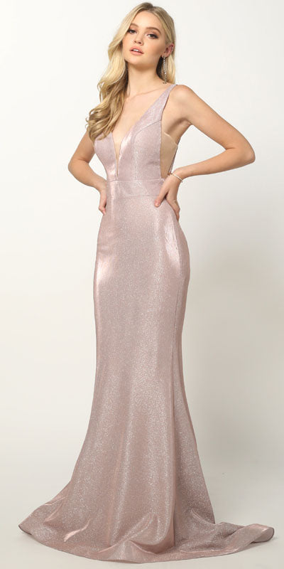 Juliet 695 Vestido tubo brillante hasta el suelo con escote pronunciado en V
