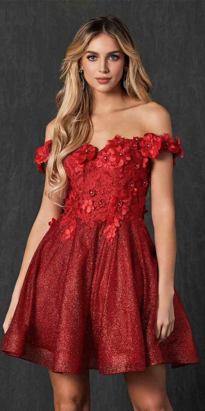 Juliet 861 Floral Embroidered Glitter Mesh Short A-Line Dress