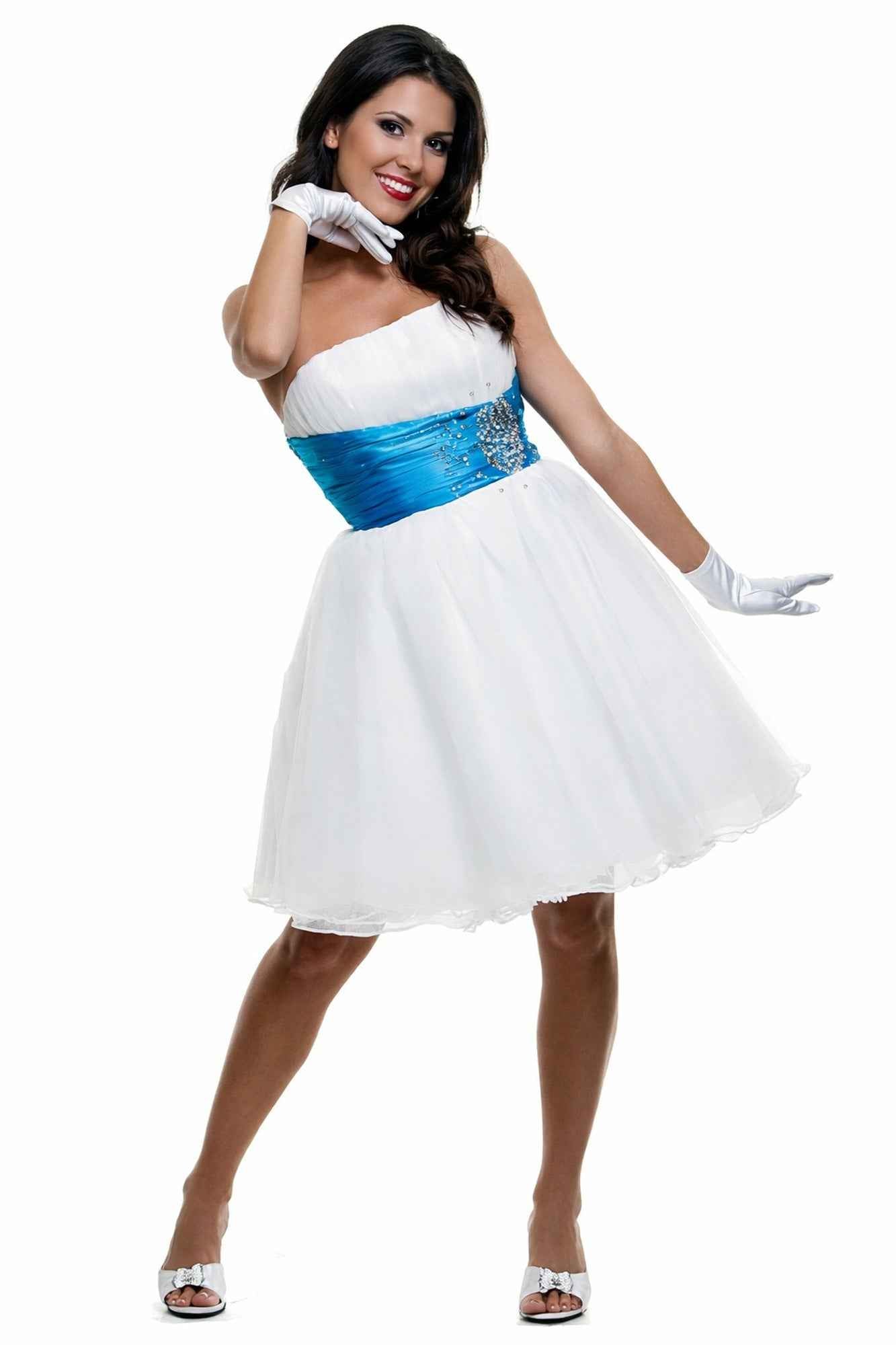 CLEARANCE - Cinderella Divine 077 Short Strapless White Dress Turquoise Rhinestone Waist Tulle (Size 4)