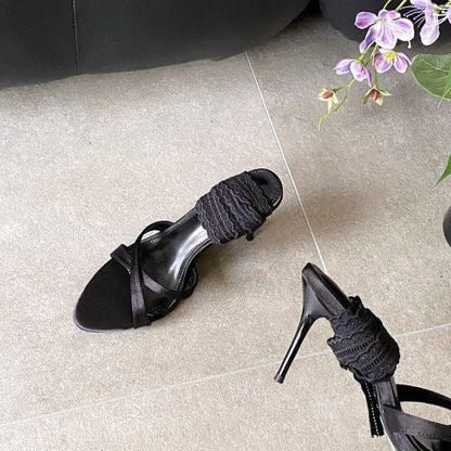 Women Open Toe Lace-up Roman Sandals, 2026 Summer New Elegant Celebrity Style Black Stiletto High Heels