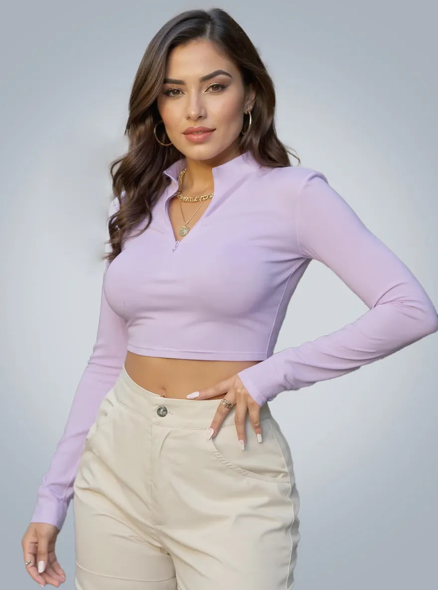 Half Zip Long Sleeve Crop T-Shirt