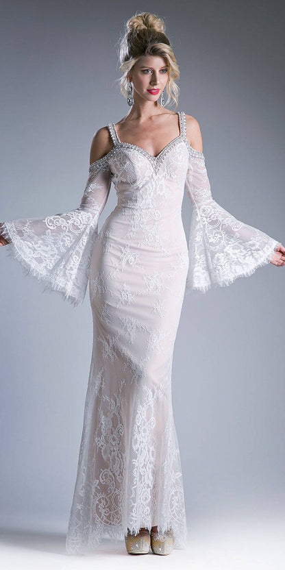Cinderella Divine 13112 Cold Shoulder Long Sheath Dress Trumpet Bell Sleeves
