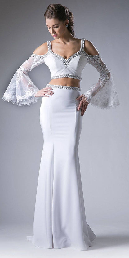 Cinderella Divine 13114 Two Piece Gown Cold Shoulder Trumpet Sleeves