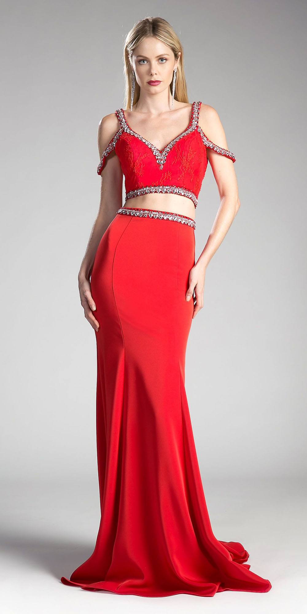 Cinderella Divine 13114A Cold-Shoulder Crop Top Two-Piece Long Dress