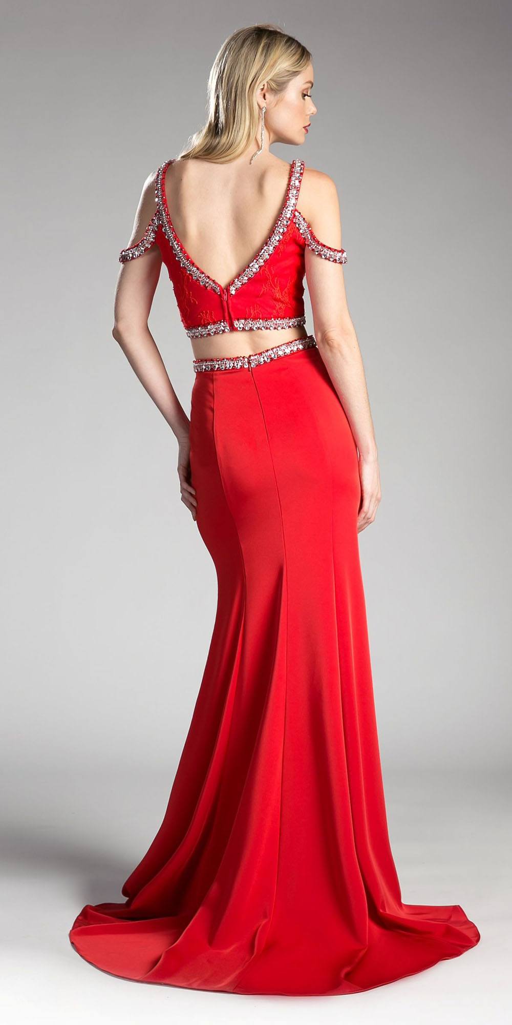 Cinderella Divine 13114A Cold-Shoulder Crop Top Two-Piece Long Dress
