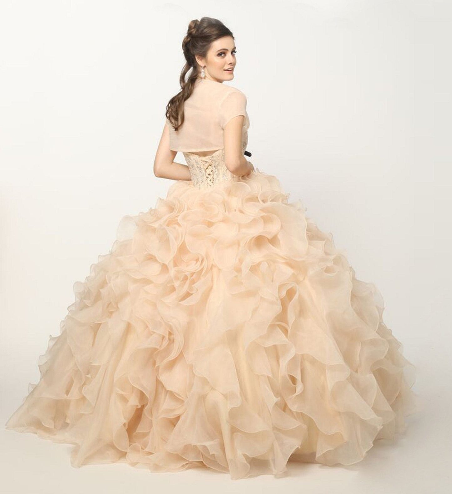 Juliet 1418 Cinderella Ball Gown Organza Ruffle Skirt Beaded Corset Bodice