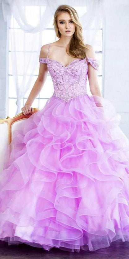 Juliet 1421 Cinderella Ball Gown Ruffled Tulle Cold Shoulder Embroidered Bodice