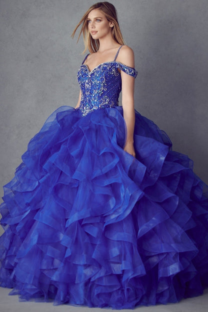 Juliet 1421 Cinderella Ball Gown Ruffled Tulle Cold Shoulder Embroidered Bodice
