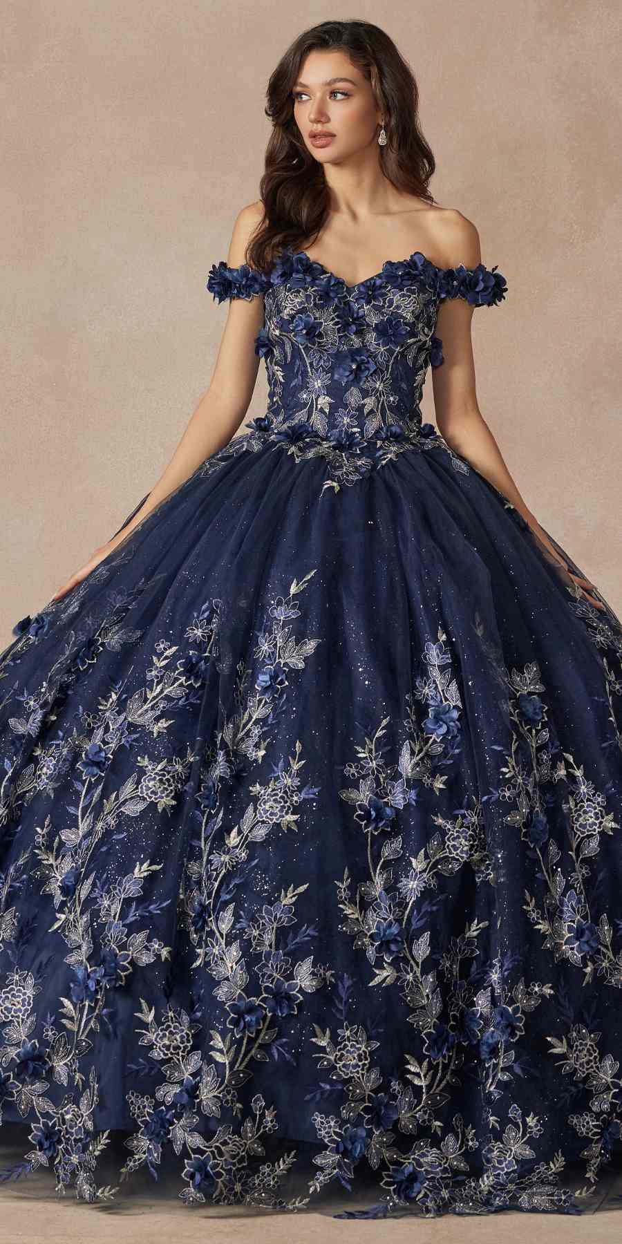 Juliet 1447 Long 3D Floral Appliques Off Shoulder Poofy Ball Gown