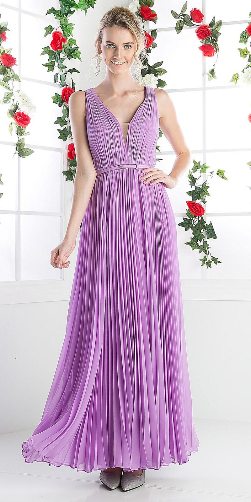 Cinderella Divine 1499 Long Chiffon Pleated Sleeveless Dress With Belt