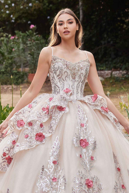 Ladivine 15703 Layered Tulle Quince Ball Gown With Foral Applique