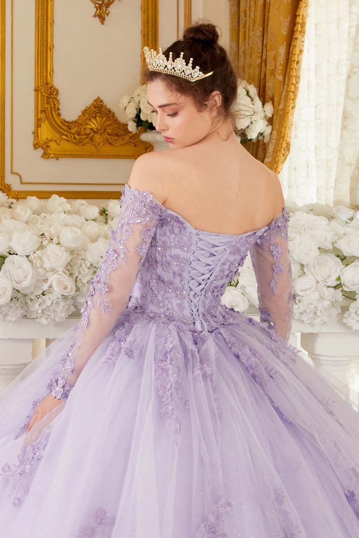 Ladivine 15706 Floor Length Off Shoulder Lace Long Sleeve Ball Gown