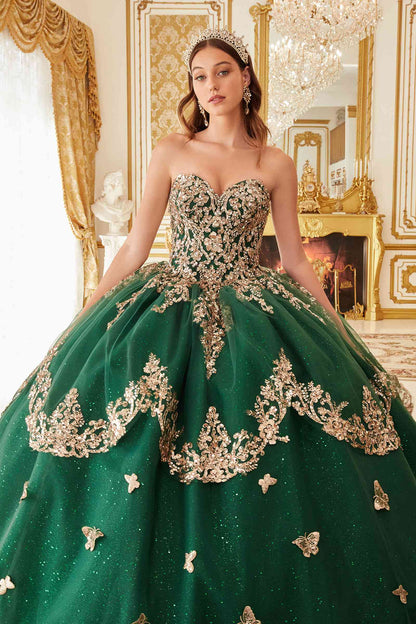 Ladivine 15721 Long Strapless Tulle Cape Sleeve Ball Gown