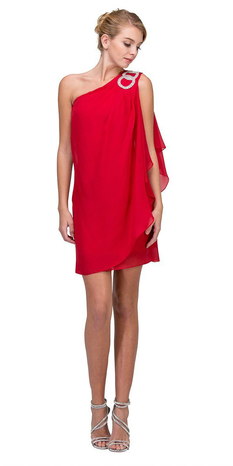 CLEARANCE - Eureka 1902 Layered One Shoulder Short Chiffon Coral Dress (Size M)