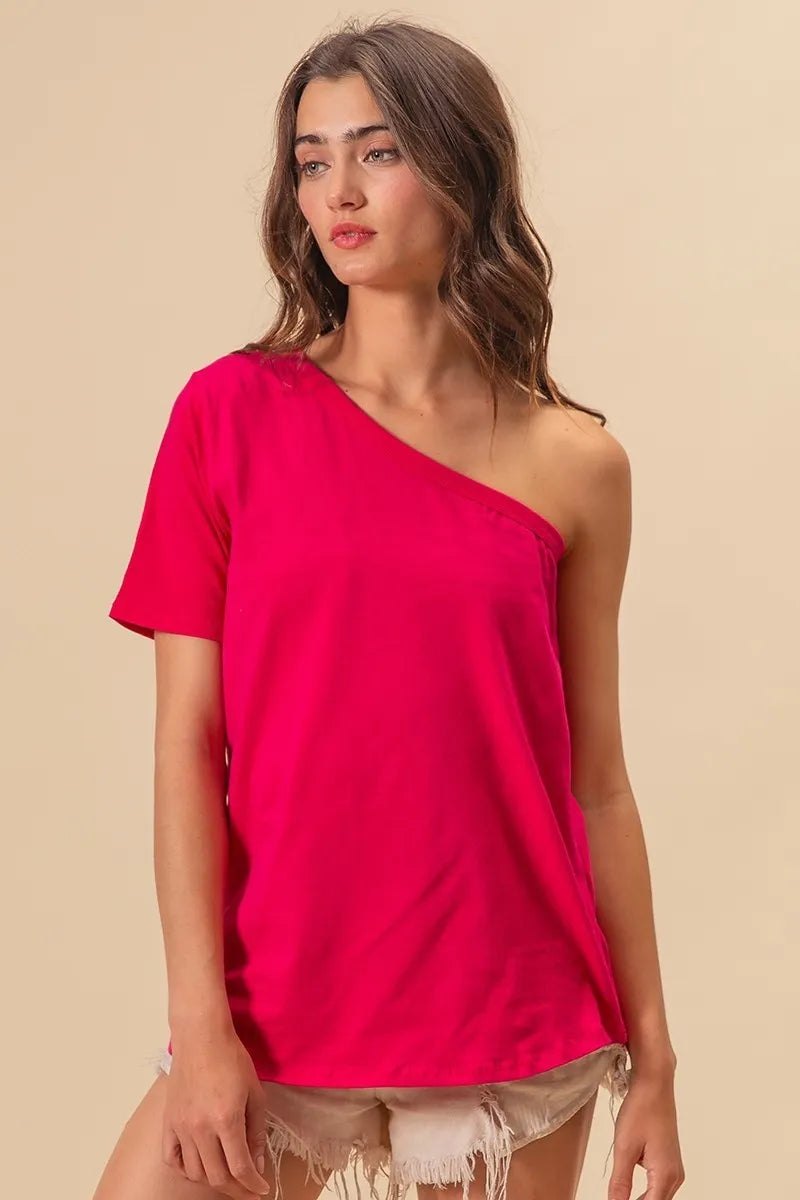 One-Shoulder Knit Blouse in Cotton Blend Fabric