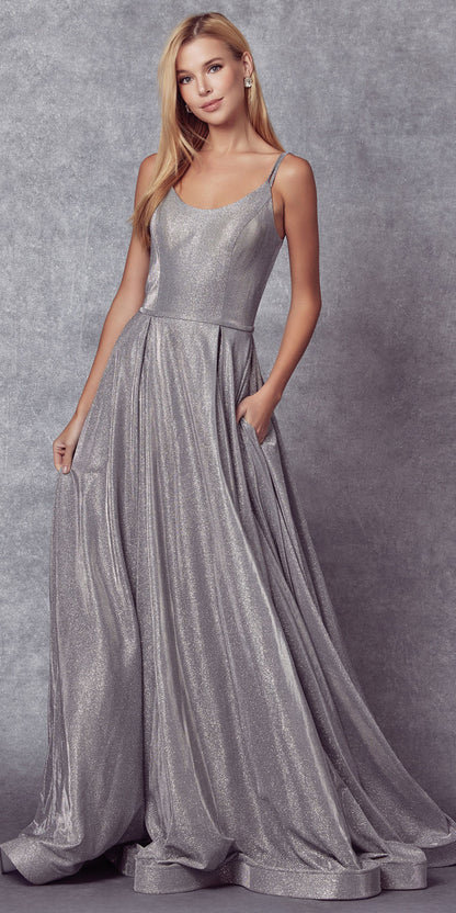 Juliet 206 Long A-Line Glitter Gown Side Pockets