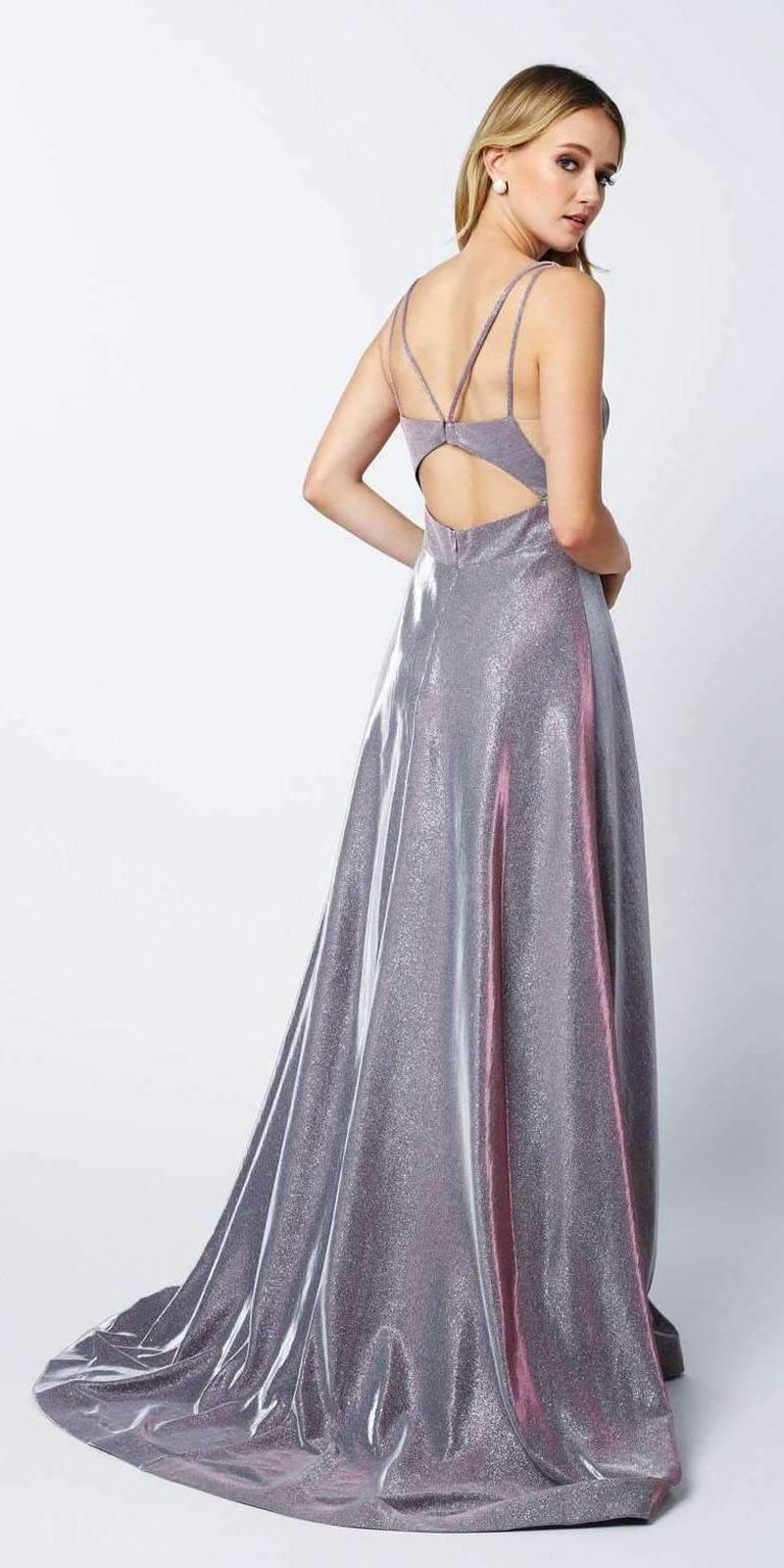 Vestido largo Juliet 208 con aberturas, tirantes en la espalda y purpurina