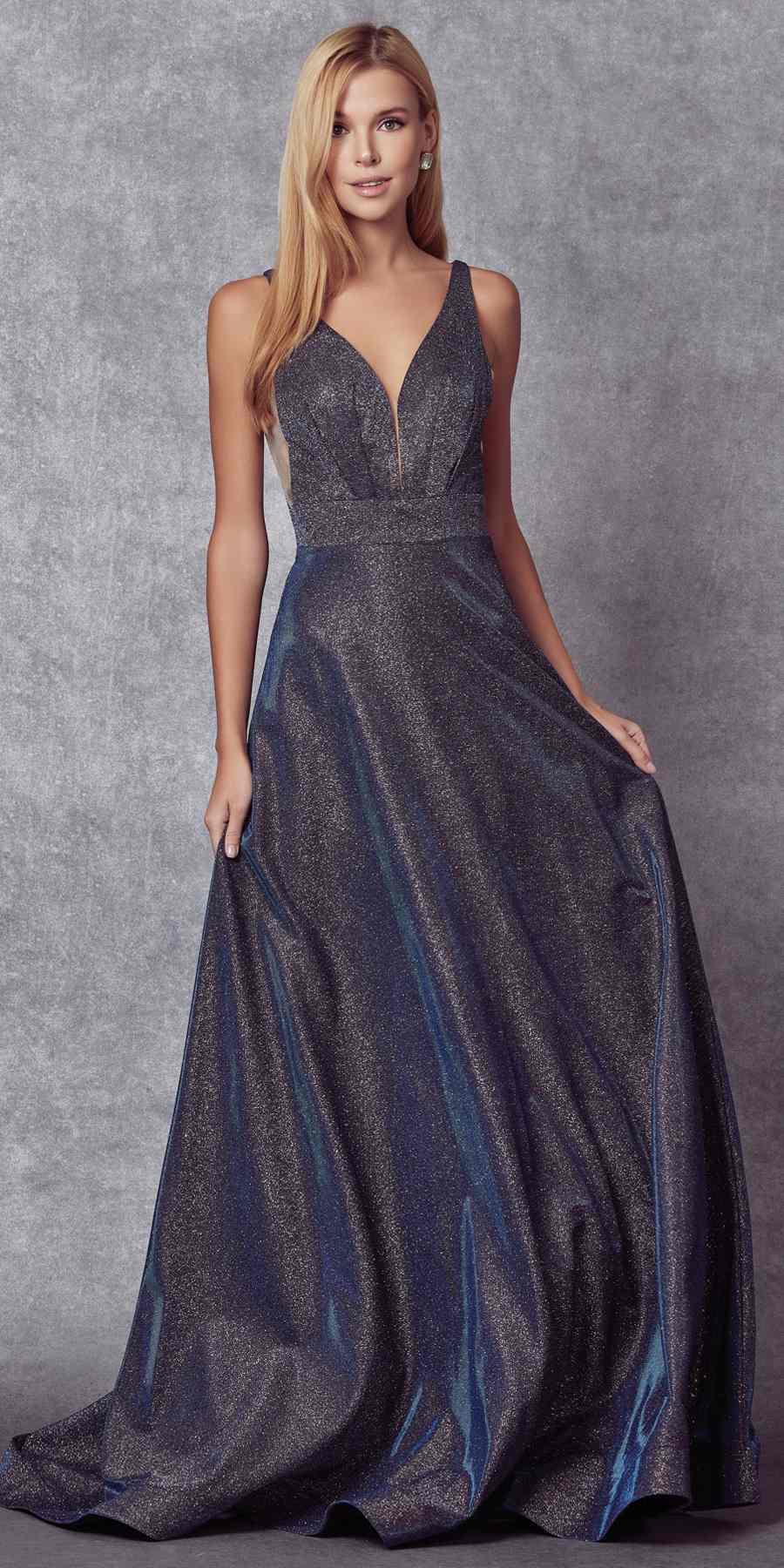 Vestido largo Juliet 208 con aberturas, tirantes en la espalda y purpurina