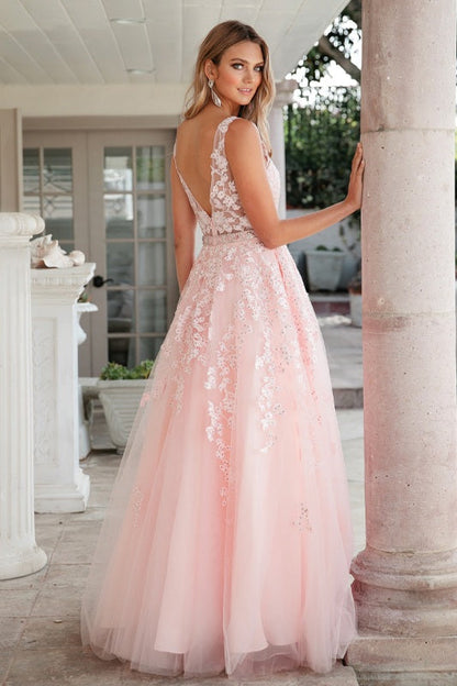 Juliet 224 V-Neck and Back Embroidered Tulle A-Line Ball Gown