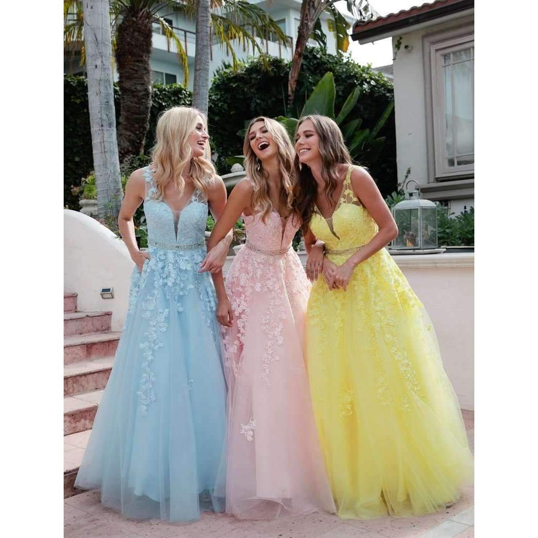 Juliet 224 V-Neck and Back Embroidered Tulle A-Line Ball Gown