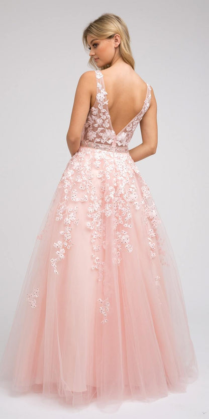 Juliet 224 V-Neck and Back Embroidered Tulle A-Line Ball Gown