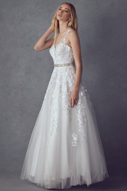Juliet 224 V-Neck and Back Embroidered Tulle A-Line Ball Gown
