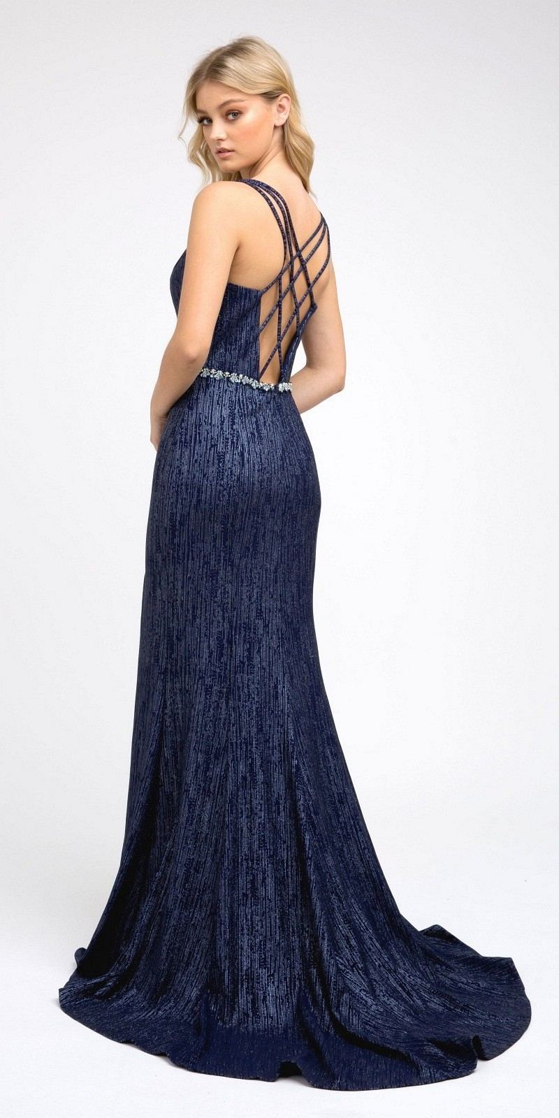 Juliet 237 Strappy-Back Long Prom Dress with Slit