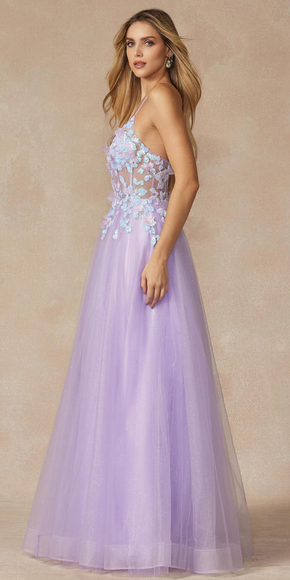 Juliet 2401 Floor Length A-Line Tulle Gown with Detachable Puff Sleeves