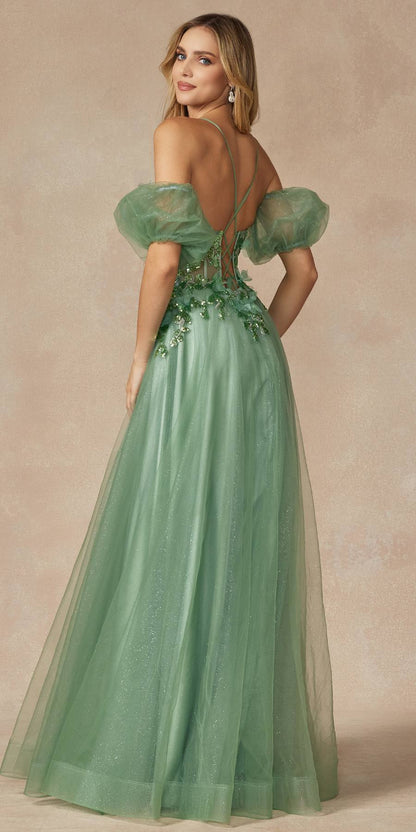 Juliet 2401 Floor Length A-Line Tulle Gown with Detachable Puff Sleeves