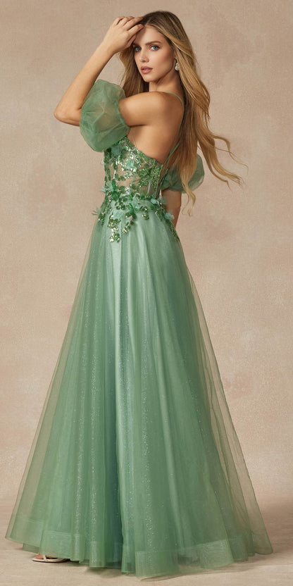 Juliet 2401 Floor Length A-Line Tulle Gown with Detachable Puff Sleeves