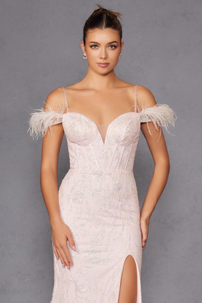 Juliet 2402 Glitter Leaf Sequin Gown with Feathered Sleeves and Slit