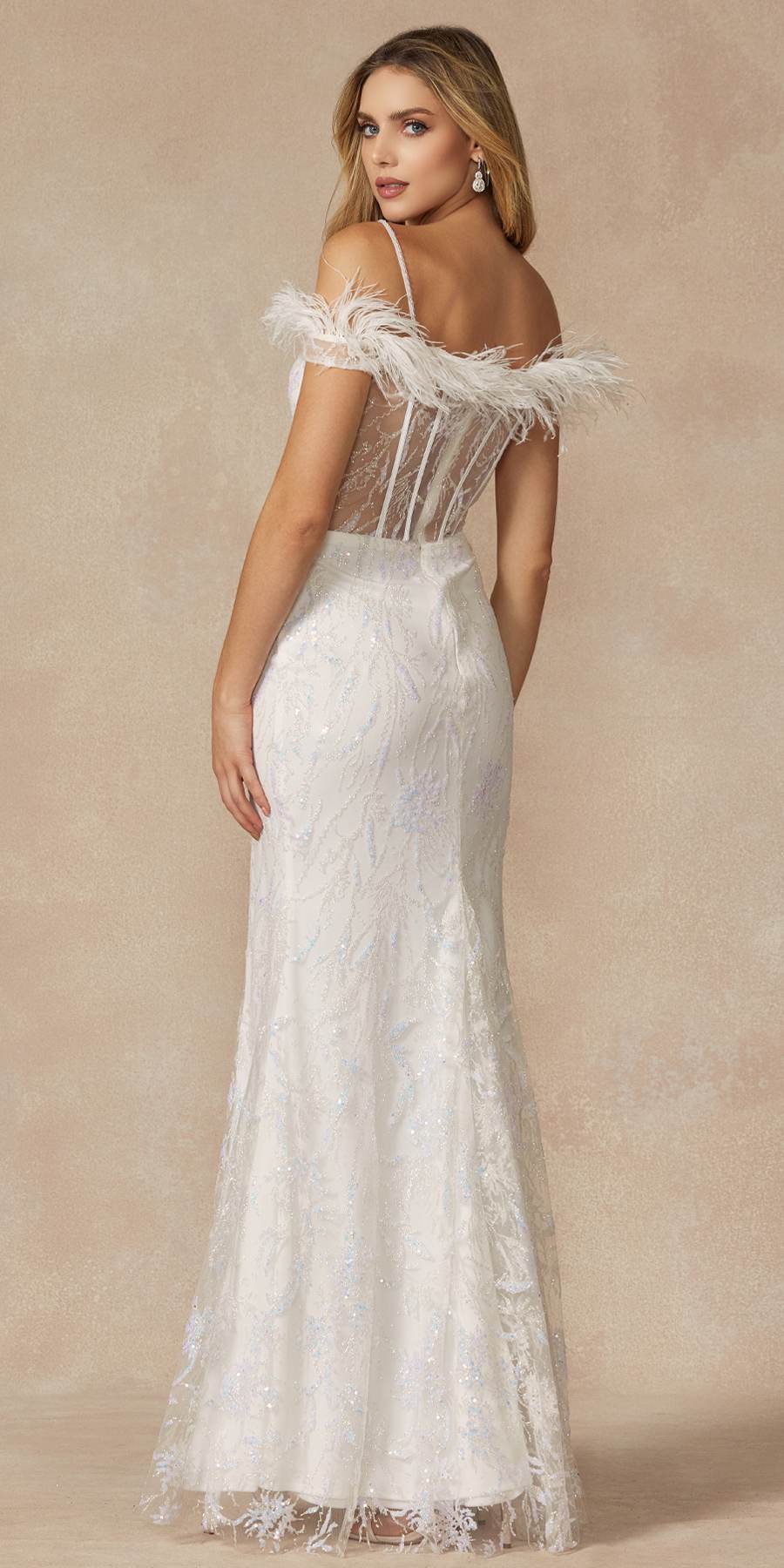 Juliet 2402 Glitter Leaf Sequin Gown with Feathered Sleeves and Slit