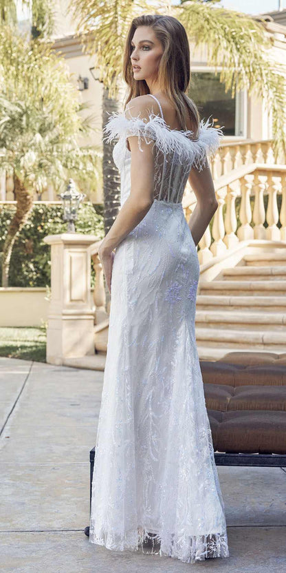 Juliet 2402 Glitter Leaf Sequin Gown with Feathered Sleeves and Slit