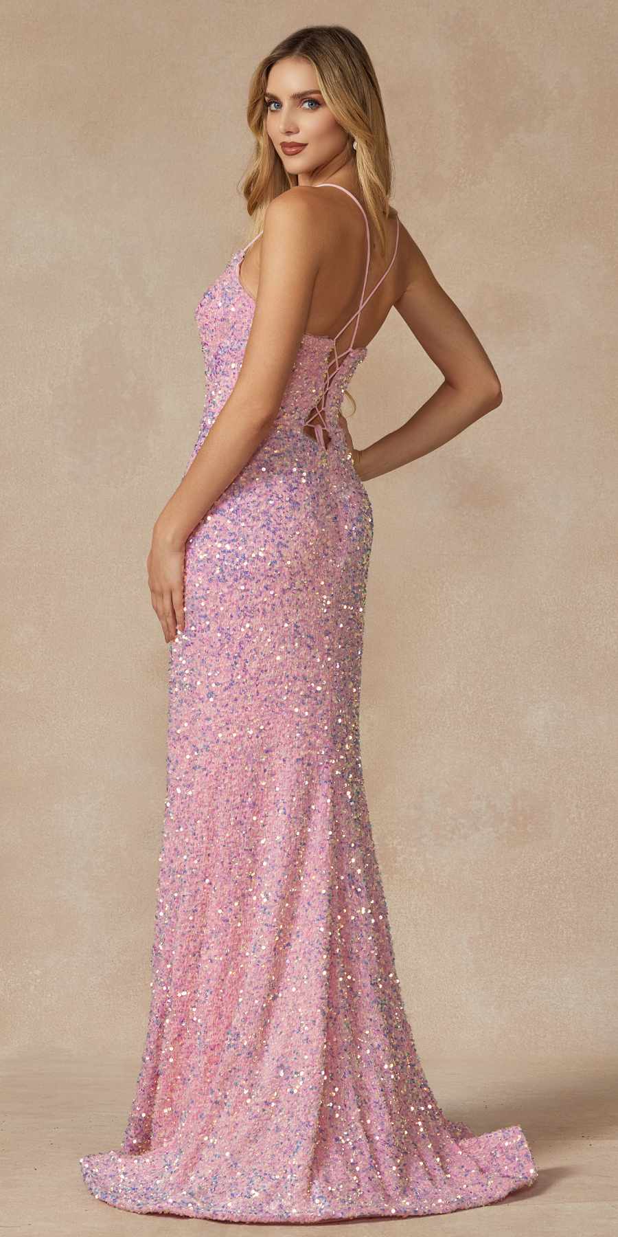 Juliet 2406 Velvet Sequin Fitted Gown V-Neckline Lace Up Back