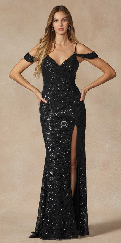 Juliet 2410 Long Off the Shoulder Sequin Gown with Skirt Slit