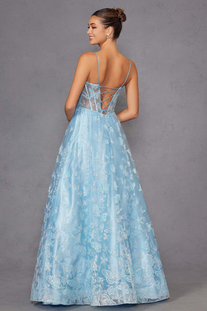 Juliet 2413 Long Butterfly Glitter Embroidered A-Line Gown with Corset Top