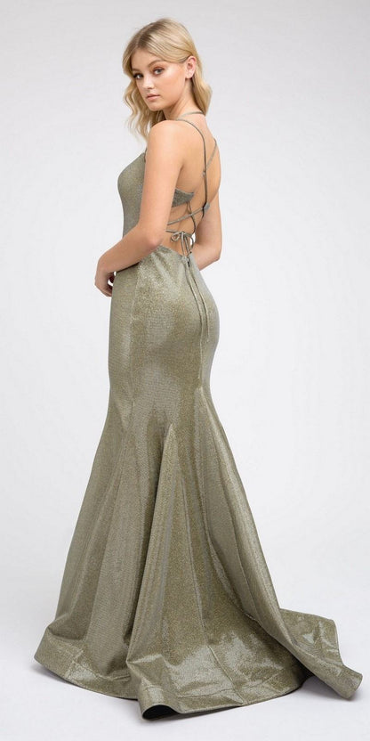 Juliet 242 Metallic Mermaid Long Prom Dress Lace-Up Back