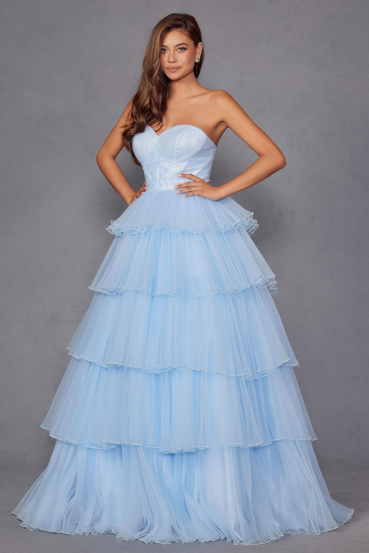 Juliet JT2452K Long Pleated Strapless Tiered Ruffle Tulle A-Line Gown