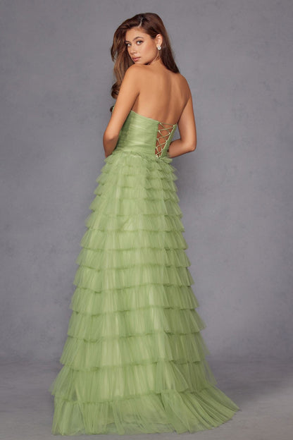 Juliet JT2456H Long Strapless Keyhole Tiered Ruffled Tulle A-Line Gown