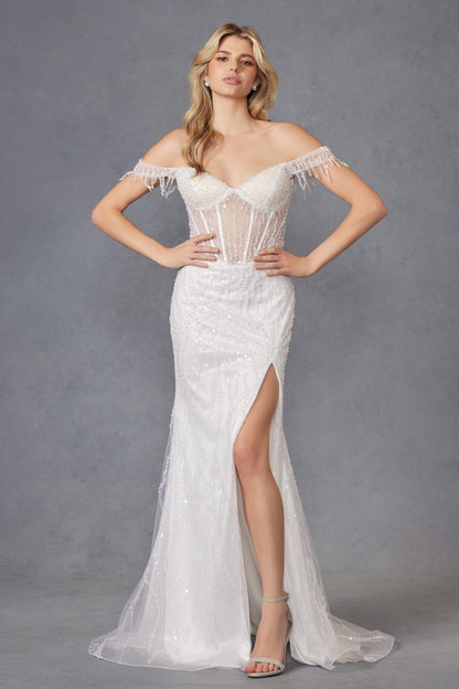 Juliet JT2471LW Long Off the Shoulder Fringe Sleeve Fitted Wedding Gown